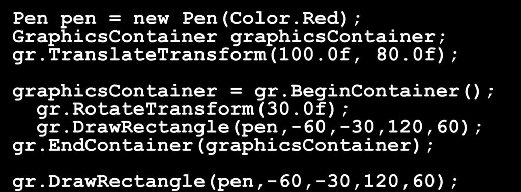 Red); GraphicsContainer graphicscontainer; gr.translatetransform(100.0f, 80.0f); graphicscontainer = gr.