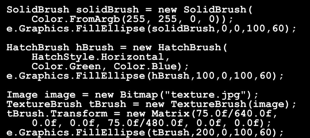 8 Pędzle Abstrakcyjna klasa Brush SolidBrush, HatchBrush, TextureBrush, LinearGradientBrush, PathGradientBrush SolidBrush solidbrush = new SolidBrush( Color.FromArgb(255, 255, 0, 0)); e.graphics.