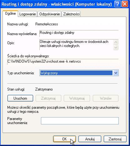 Kliknij okno "Właściwości Routingu i zdalnego dostępu (komputer lokalny)".