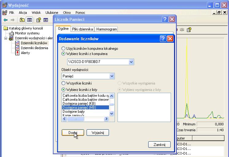 Otworzy się okno "Dodaj liczniki". Ustaw pole Obiekt wydajności na Pamięć.