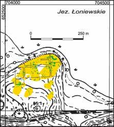 Tabl. II: A. Osieczna, stan. 4. Rozmieszczenie obiektów archeologicznych (pewnych i domniemanych) w obr bie stanowiska w oparciu o interpretacj zdj ç lotniczych. Oprac. W.