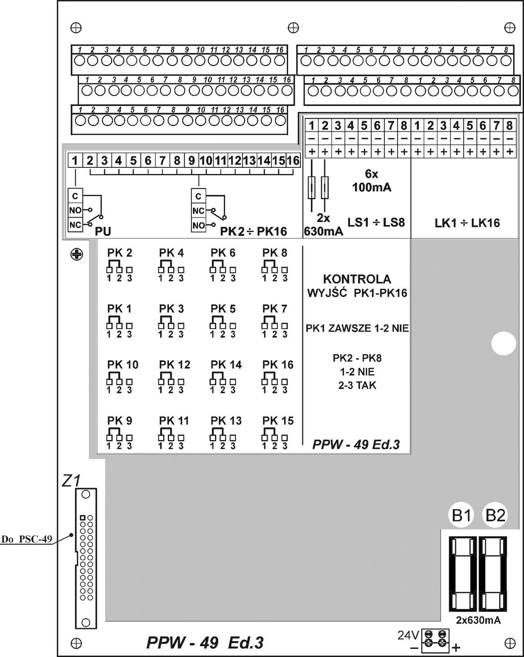 36 ID-E270-011 Rys. 5.7 Pakiet programowanych wyjść/wejść PPW-49 ED.3 5.5.3 Wyjście do pożarowych urządzeń alarmowych (TYP 1) Wyjścia do pożarowych urządzeń alarmowych (np.