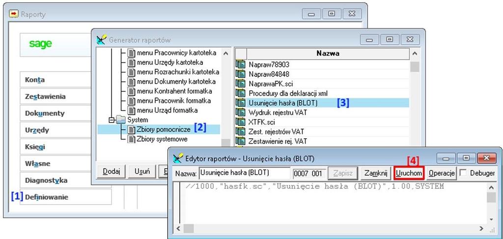Uruchomienie dodatku Otwieramy 'Raporty' -> 'Definiowanie' []. W lewym panelu odnajdujemy pozycj 'System' + 'Zbiory pomocnicze' [2] i wybieramy.