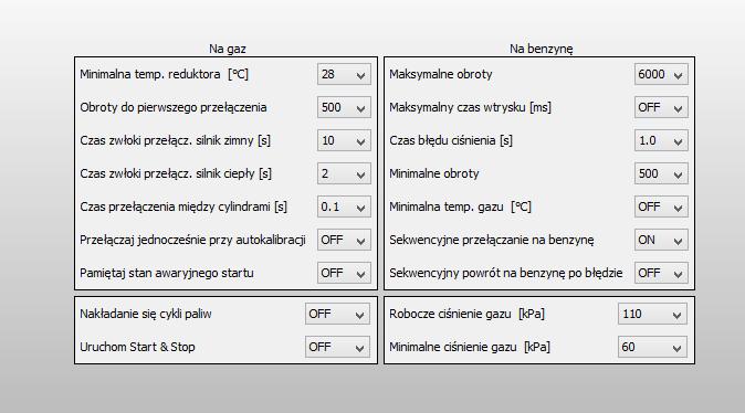3.5. Panel Przełączanie Tu ustawiamy pożądane warunki dla przejścia systemu na Gaz i na Benzynę 3.5.1. Parametry przejścia Na gaz Min. Temp.