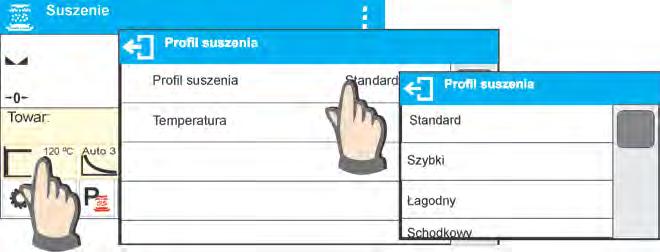 18.1. Profil, według którego przebiega proces wraz parametrami suszenia Po wejściu do ustawień wyboru profilu suszenia należy wybrać odpowiedni profil.