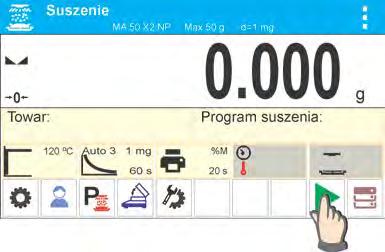 PROCES SUSZENIA W polu informacji, nad przyciskami są wyświetlane ustawienia dla procesu suszenia. Aby rozpocząć suszenie, należy nacisnąć przycisk Start.