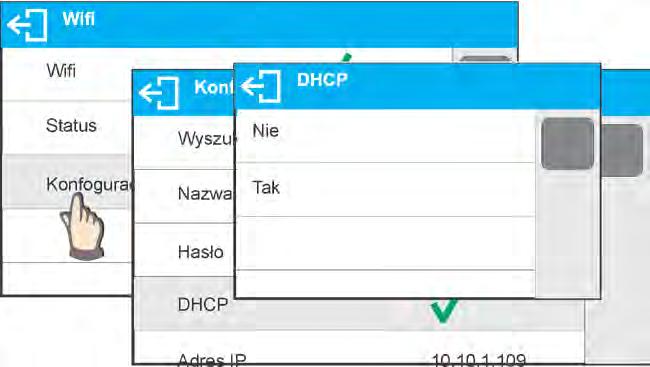 W celu ustawienia DHCP na wartość NIE, należy ręcznie wprowadzić takie dane, jak: <IP>; <MASKA>; <BRAMA DOMYŚLNA>.