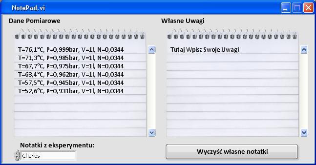 Rys. 3 Widok okna notatnika Okno pomocy umożliwia uzyskania pomocy na temat dalszych kroków postępowania w trakcie wykonywaniu eksperymentu, umożliwia podejrzenie aktualnego stanu eksperymentu oraz