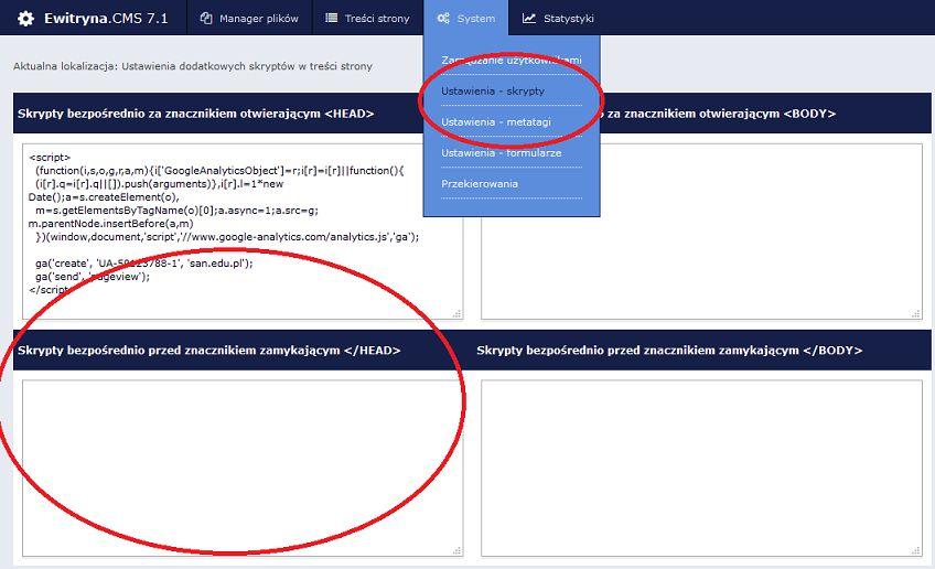 2. Ustawienia skrypty: Po wybraniu tej podstrony (System Ustawienia skrypty), w trzeciej, zaznaczonej, opcji należy wkleić kod Google Analytics,