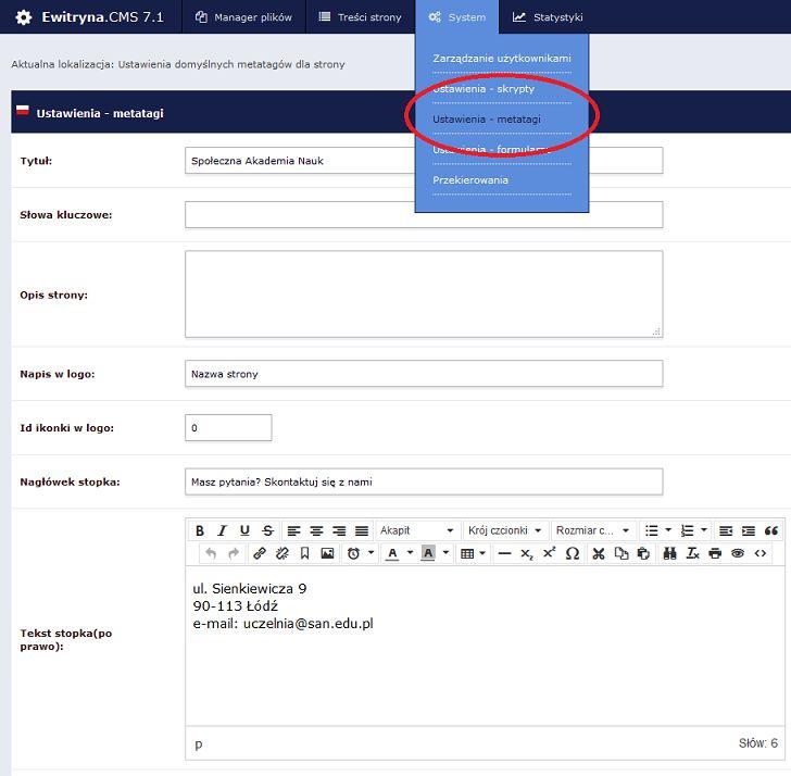Ustawienia metatagi: Dzięki temu wariantowi, Administrator witryny łatwo doda lub zmieni podstawowe informacje kontaktowe o firmie, które