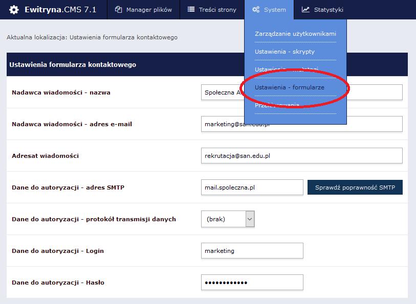 4. Ustawienia formularze: Ta część systemu CMS prezentuje możliwość edycji treści w formularzu kontaktowym, który widnieje w zakładce Kontakt na stronie internetowej.