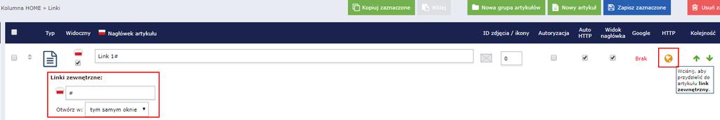 Może również wyłączyć widoczność tej kolumny. W tym miejscu edytowalne są nagłówki, które znajdą się nad tekstem i linkami prezentowanymi powyżej.