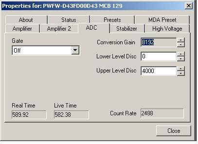 - Zakładka ADC, ustawienia: Conversion Gain: 4096, Lover Level Disc: 0, Upper Level Disc: 4095 Zakładka High Voltage