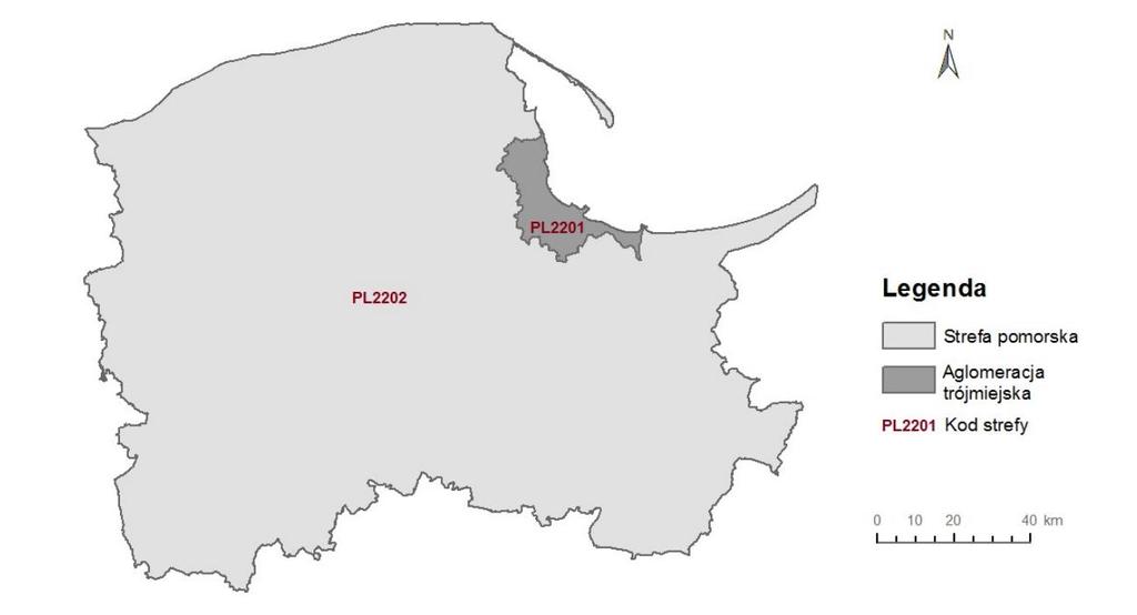 Podział województwa pomorskiego na strefy dla celów oceny jakości powietrza za 2016 r.