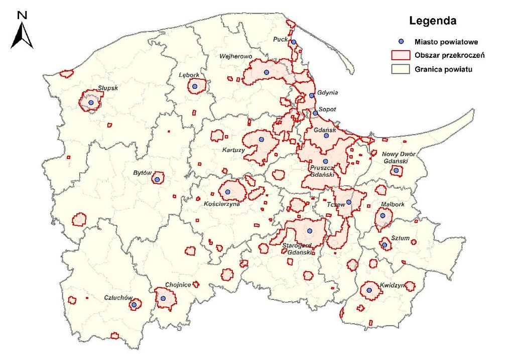 Obszary przekroczeń pyłu zawieszonego PM10 w 2016 r. W 25 gminach województwa pomorskiego stężenia średnioroczne benzo(a)pirenu przekraczają poziom dopuszczalny 1 ng/m 3.