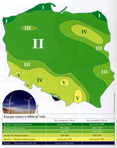 Rysunek 27. Mapa wietrzności w Polsce Źródło: http://www.zielona-energia.cire.pl W zależności od warunków lokalnych można rozpatrywać zastosowanie mikro- i małych elektrowni wiatrowych.