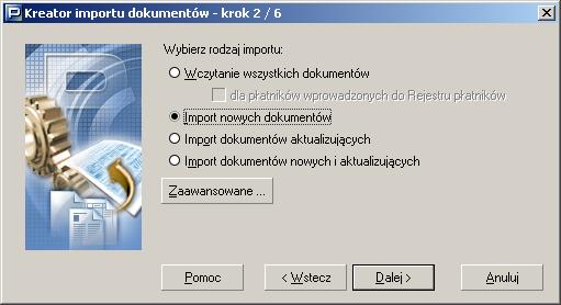 Rysunek 83. Okno dialogowe: Kreator importu dokumentów krok 2 / 6 4. Po kliknięciu przycisku Zaawansowane... na ekranie pojawi się okno Zaawansowane opcje importu (patrz Rysunek 84).
