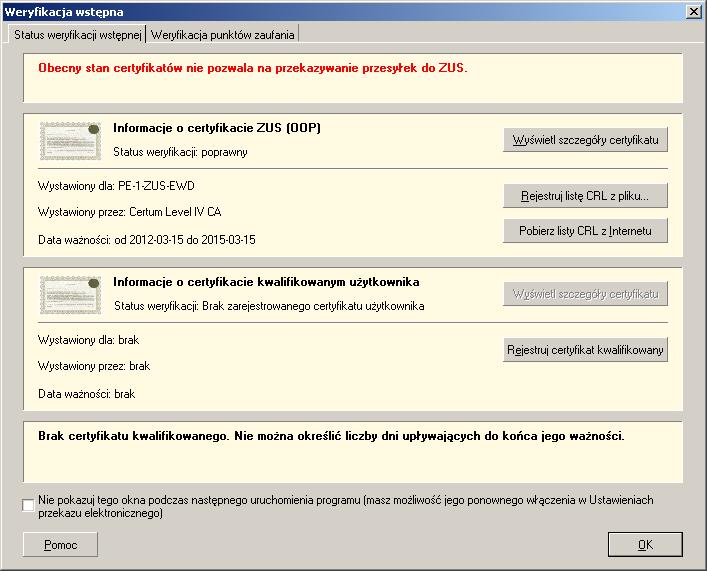 W oknie użytkownik ma możliwość wyświetlenia szczegółów certyfikatów (ZUS i kwalifkowanego) oraz aktualizacji list CRL przez automatyczne pobranie ze strony centrum certyfikacji bądź poprzez pobranie