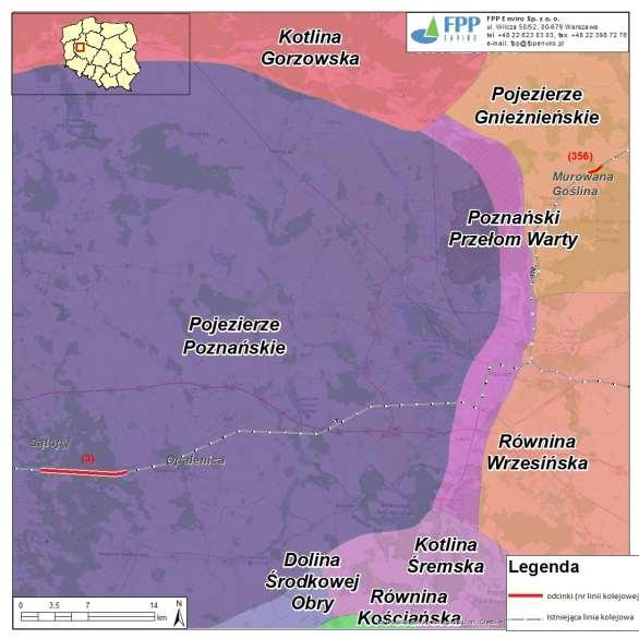 Rysunek 3 Położenie analizowanych odcinków na tle mapy mezoregionów fizycznogeograficznych Polski 2 Poniżej w tabeli oraz na rycinie przedstawiono typy pokrycia terenu na podstawie Corine Land Cover