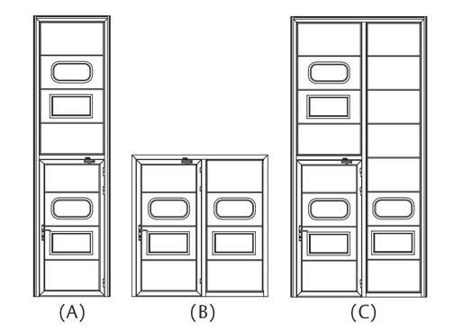 Wymiary maksymalne w mm (szerokość wysokość światła otworu) Drzwi przejściowe 1495 2440 Panel boczny 1495 6000 z drzwiami przejściowymi (A) Panel boczny z drzwiami przejściowymi (B) Panel boczny z