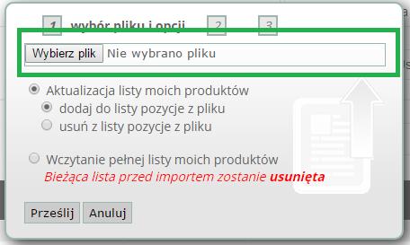 Opcja ta umożliwia import produktów do Moich Produktów na podstawie pliku.csv lub.txt zawierających id produktu. Plik.csv można przygotować za pomocą aplikacji Maper dostępnej w menu Polecenia.