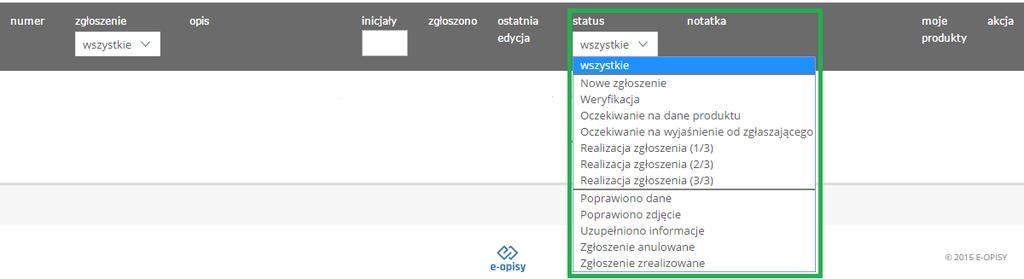 Zgłoszenie błędu w produkcie lub braku informacji w produkcie jest automatycznie dodawane do Listy zgłoszonych braków i błędów w menu Brakujące produkty.