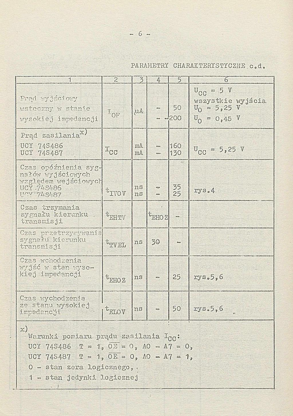 - 6 - P t rui v,!y " 'ści ov.ry y / s to c z n y w st?.n1 g v y sok i e j i mpedan c j i PARAMETRY CHARAKTERYSTYCZNE.c *d. 1 2 4 5 " 6... T0P <ua 50 200 u CG =.5 V w s z y s t k ie w y jś c ia.