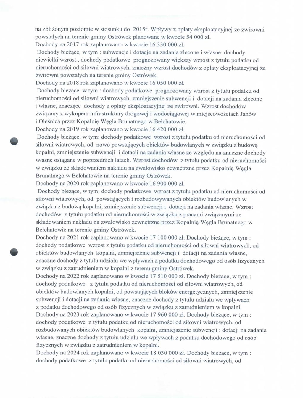 na zblznym pzme w stsunku d 25r. Wplywy z platy eksplatacyjnej ze zwrwn pwstalych na terene gmny Ostrwek planwane w kwce 54 zt. Dchdy na 27 rk zaplanwan w kwce 6 33 zl.