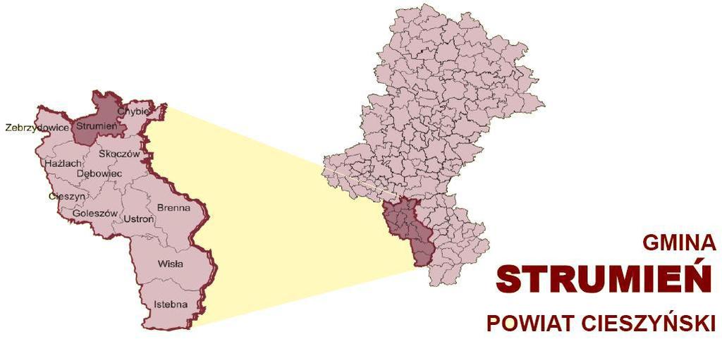 Rysunek 1 Gmina Strumień na mapie Województwa Śląskiego i powiatu cieszyńskiego Źródło: Źródło: www.stat.gov.