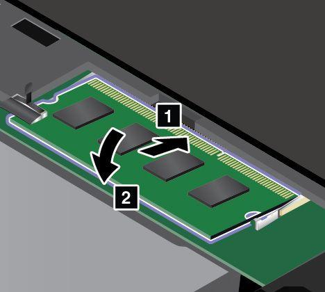 6. Skieruj krawędź kontaktową nowego modułu pamięci ku krawędzi kontaktowej gniazda pamięci. Włóż moduł pamięci 1 do gniazda pod kątem około 20 stopni. Dociśnij moduł pamięci do zatrzaśnięcia 2.