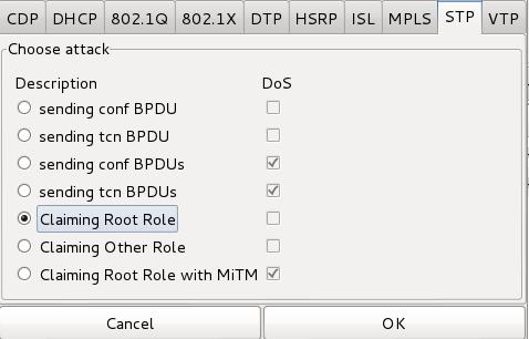 wybieramy opcję Launch attack a następnie zakładka STP, Claiming Root