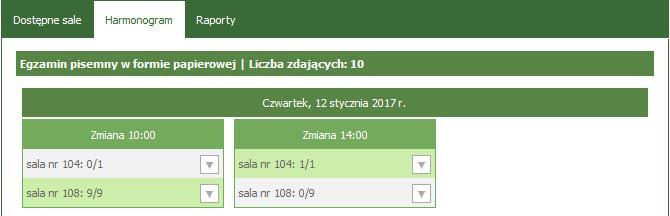 a) Przydział zdających Po wybraniu formy egzaminu pojawi się lista zmian i sal, do