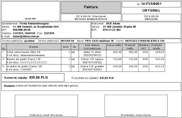 Wst p [de mo online] Dodatek modyfikuje standardowy wydruk faktury, korekty i umieszcza na nim dodatkowo trzy kody towarów: - w asny, - paskowy, - obcy.