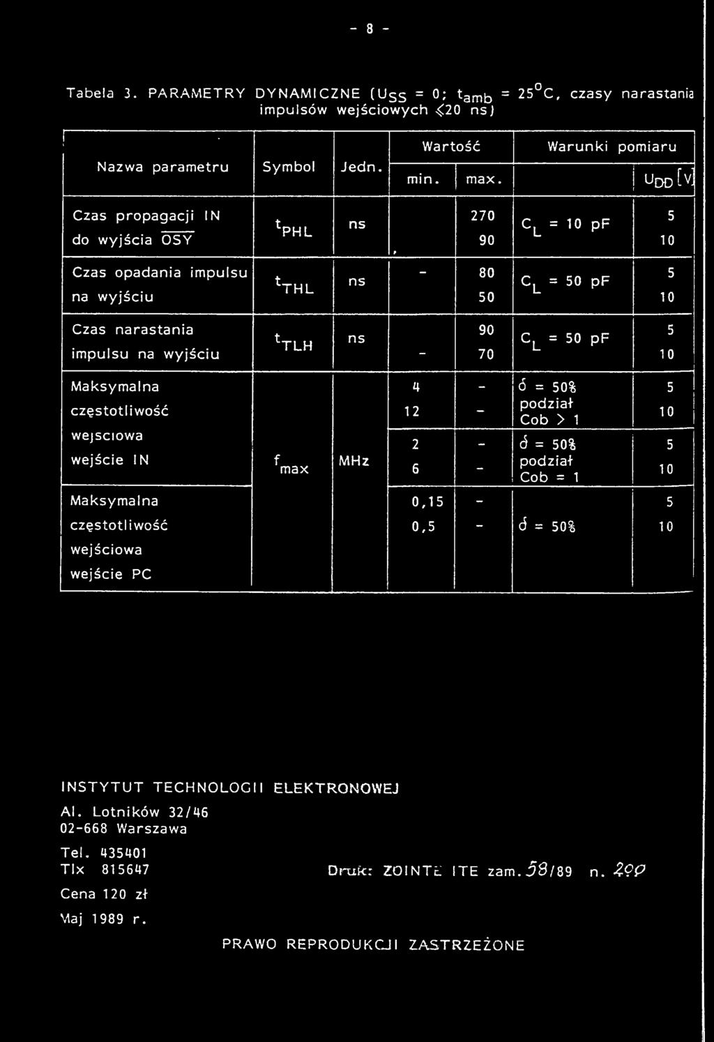 podział 10 Cob > 1 wejściowa 2 ó = 50% 5 wejście IN f MHz max 6 - podział 10 Cob = 1 Maksymalna 0,15-5 częstotliwość 0,5 - ó =