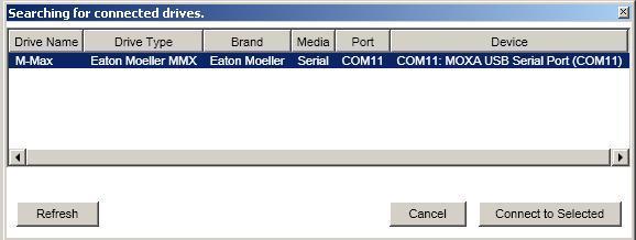 Połączenie z napędem MaxConnect skanuje wszystkie dostępne porty COM dla urządzenia M-Max TM Następnie