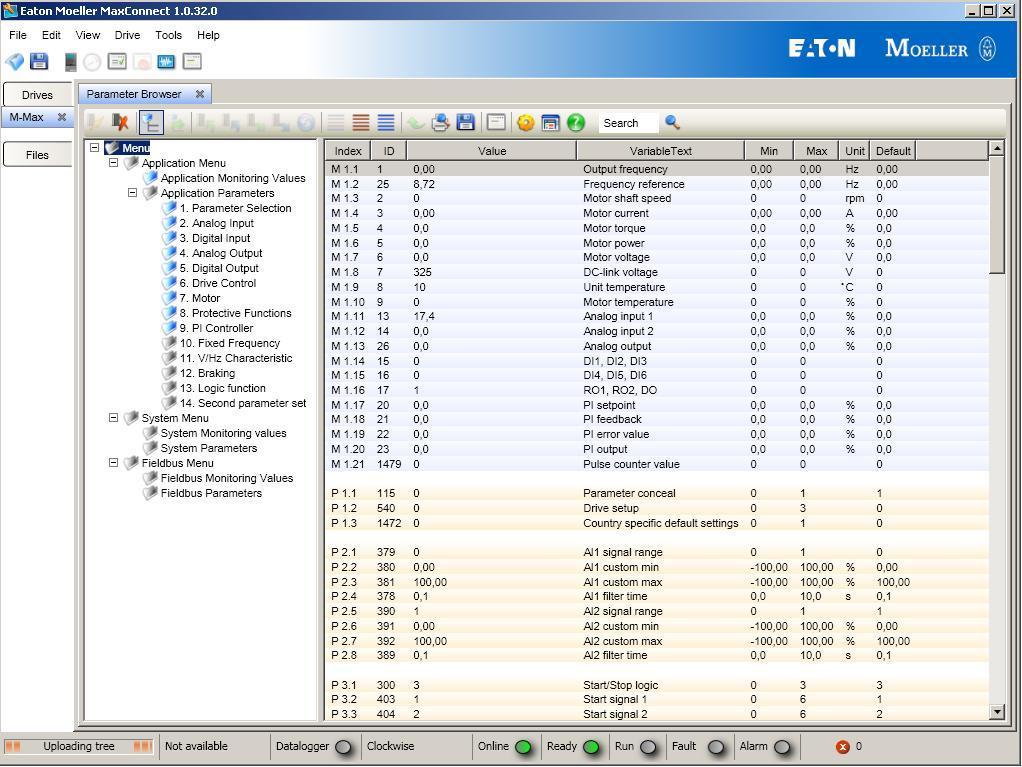 Przesyłanie parametrów Upload MaxConnect rozpoczyna przesyłanie z napędu do PC parametrów oraz