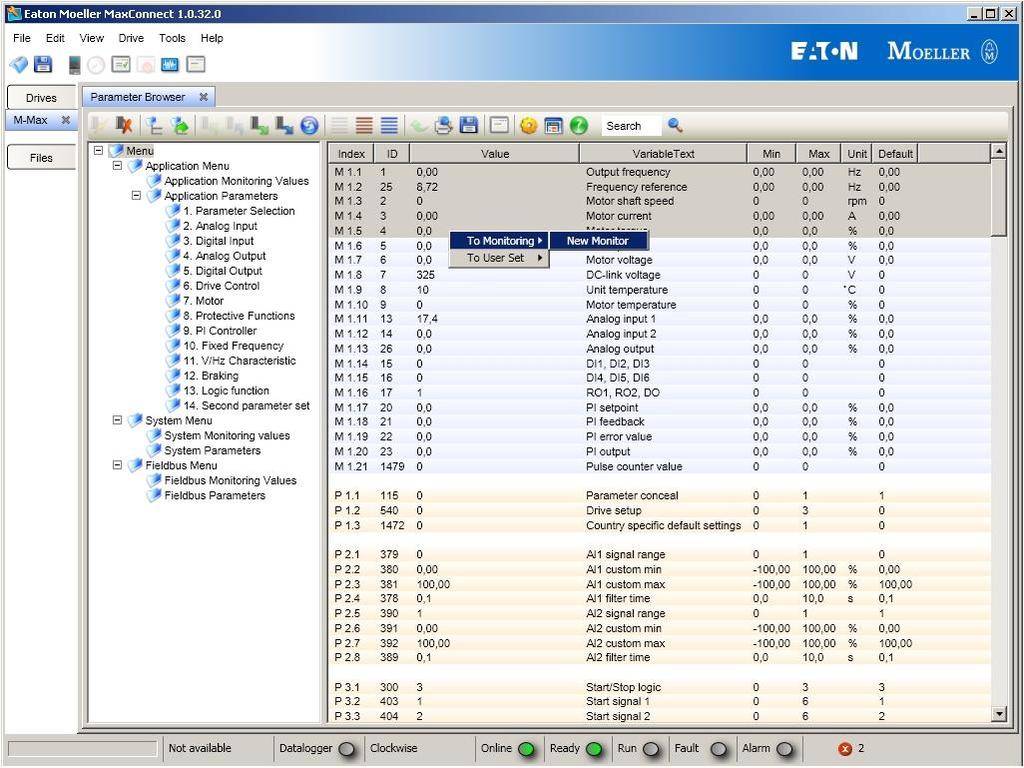 Monitoring parametrów Kliknij na wybrany parametr prawym klawiszem myszy otwierając menu.