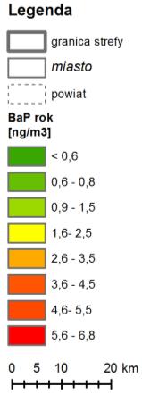 Rozkład stężeń średniorocznych benzo(a)pirenu w powiecie kolbuszowskim w 2014 r.
