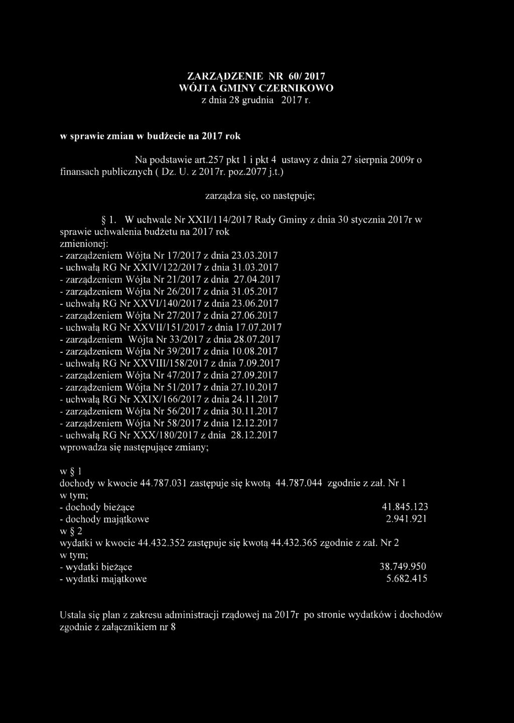 W uchwale Nr XXII/114/2017 Rady Gminy z dnia 30 stycznia 2017r w sprawie uchwalenia budżetu na 2017 rok zmienionej: - zarządzeniem Wójta Nr 17/2017 z dnia 23.03.