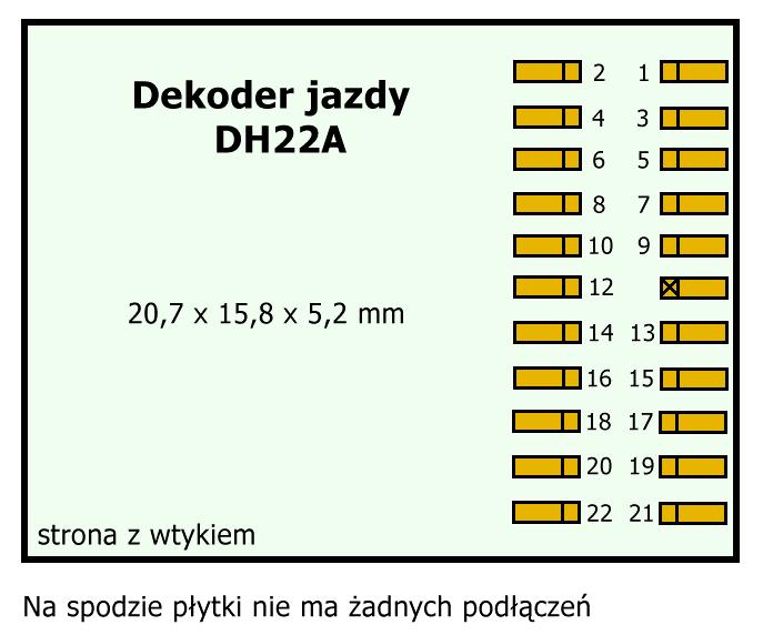 Dekoder jazdy DH22A. Dekoder ma napięcie zasilania do 30V i dopuszczalne łączne obciążenie 2A. Wyjścia świateł L(f), L(r) do 150 ma, wyjścia Aux1 i Aux2 do 300 ma, wyjścia Aux3 i Aux4 do 1A.