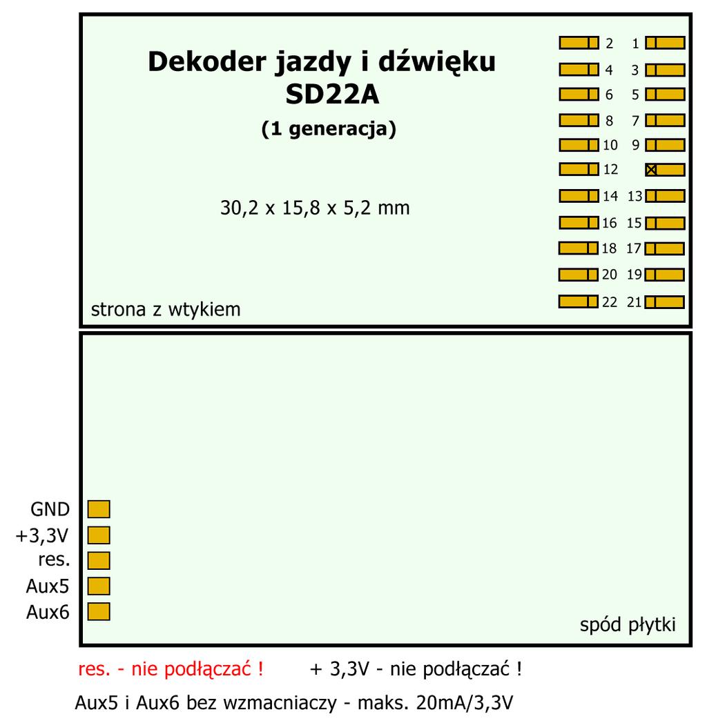 Dekoder jazdy i dźwięku SD22A pierwszej generacji. Część dla jazdy jak DH22A. Dodane logiczne Aux5 i 6. Część dźwiękowa taka sama jak we wszystkich dekoderach SD.