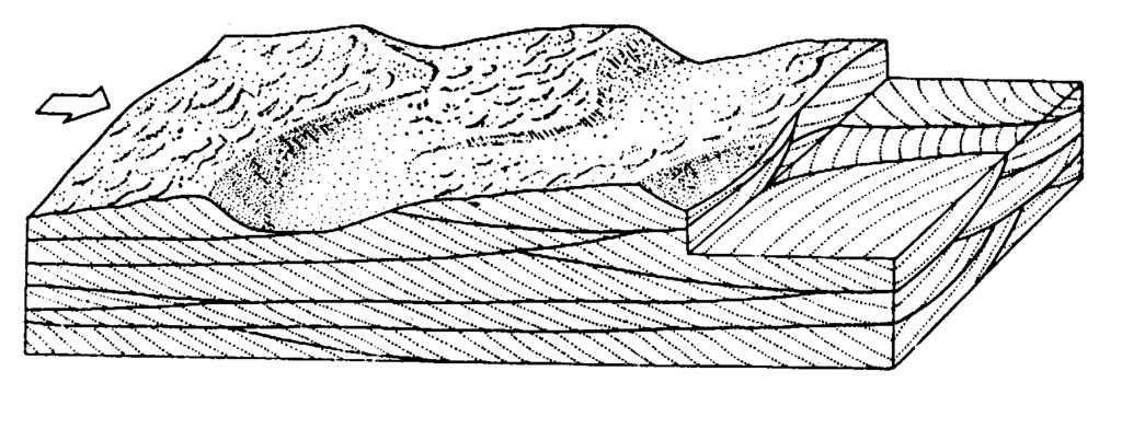 47 Ryc. 62. Struktura osadu formowanego poprzez sedymentację na dużych riplemarkach krętogrzbietowych, językowych, półksiężycowych (warstwowanie przekątne rynnowe) (z: Gradziński et al. 1986) Ryc. 63.