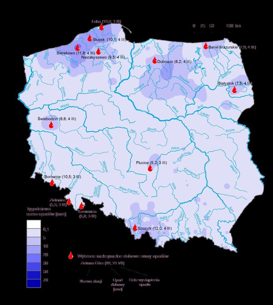 3. Rozkład tygodniowej sumy opadów oraz wybrane maksymalne