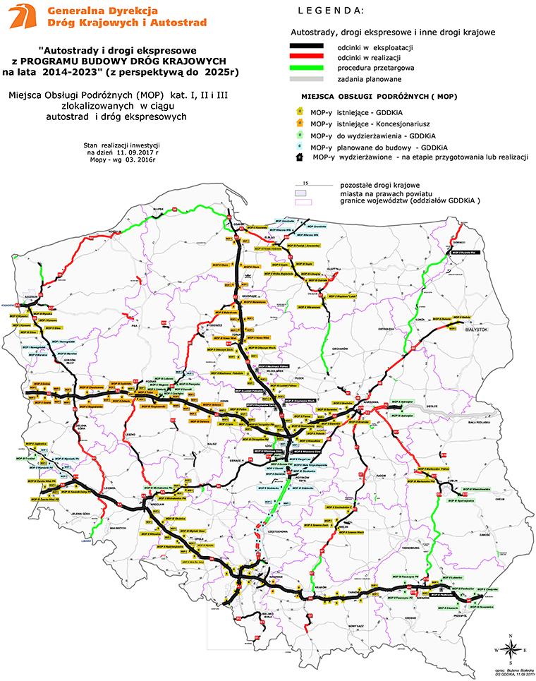 Rozmieszczenie istniejących i planowanych do uruchomienia miejsc obsługi podróżnych w ciągach autostrad i dróg ekspresowych (otwórz pełną mapę) Źródło: GDDKiA - mapa udostępniona NIK dla potrzeb