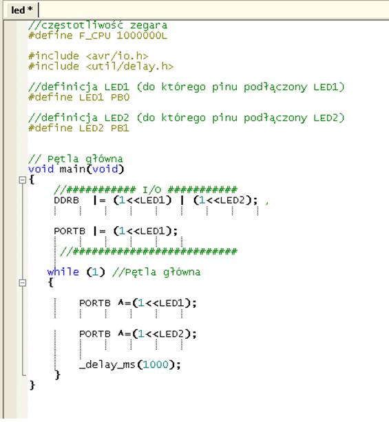 Pierwszy program- powtórka Częstotliwość zegara procesora μc (należy sprawdzić z kartą techniczną μc) Dodaje plik nagłówkowy zawierający deklaracje rejestrów IO.