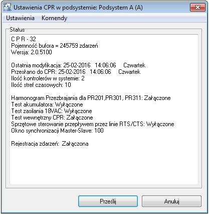 W tym oknie pokazane jest podsumowanie informacji na temat centrali CPR32-SE natomiast w menu górnym dostępne są następujące opcje i polecenia: Menu: Ustawienia->Opcje W menu tym możliwe jest