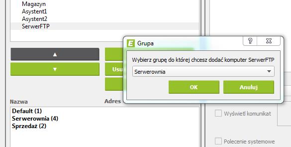 Rys. 12: Dodawanie komputera do grupy. 6.7.4 Praca z grupami Grupy komputerów są wyróżnione pogrubieniem na liście znajdującej się u dołu okna Konfiguracja elementów sieciowych.