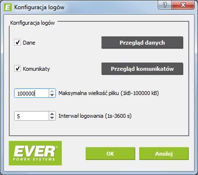 Rys. 20: Okno konfiguracji logowania danych i komunikatów. W momencie gdy plik osiągnie swój maksymalny rozmiar tworzona jest jego kopia.