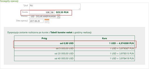 Wybór waluty EUR-EURO powoduje, że w informacjach dodatkowych automatycznie zaznaczony zostaje Przelew europejski SEPA (przelew europejski, realizowany w bankach, które należą do Jednolitego Obszaru