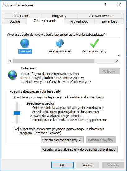 W zakładce [Zabezpieczenia] dla strefy Internet należy